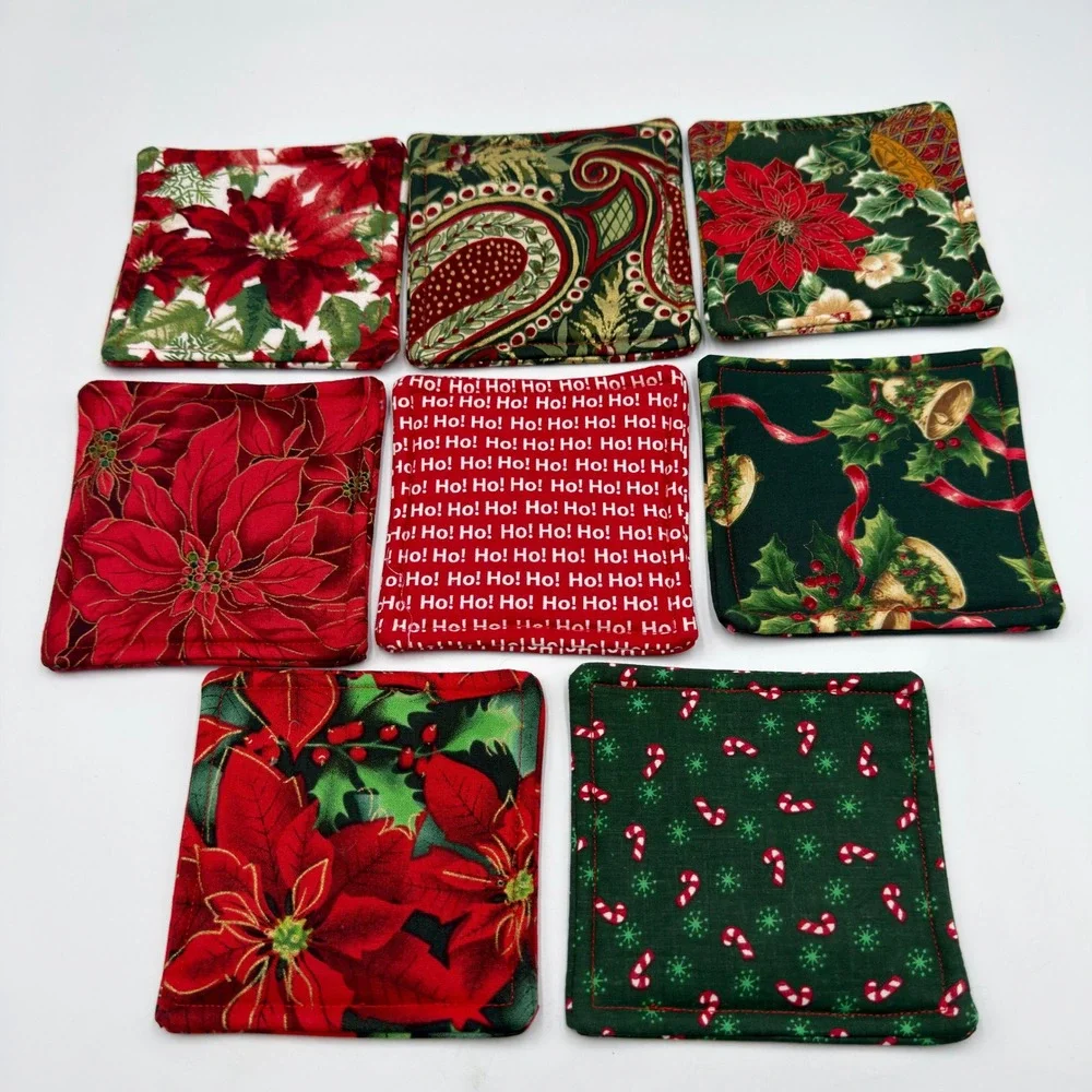 Christmas Fabric Coasters Set of 8 Handmade Quilted Poinsettia Holiday Custom